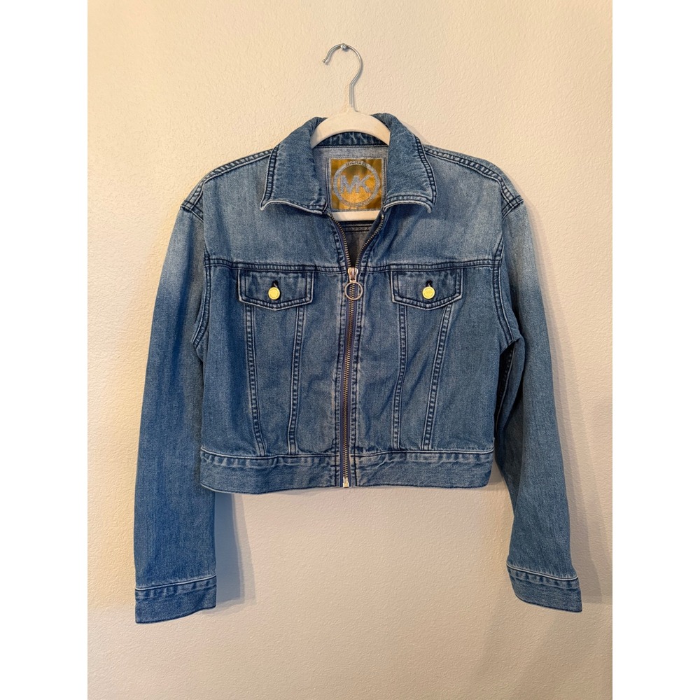 Michael Kors Denim Jacket Women Small Blue Excellent Cropped Zip Front O-Ring